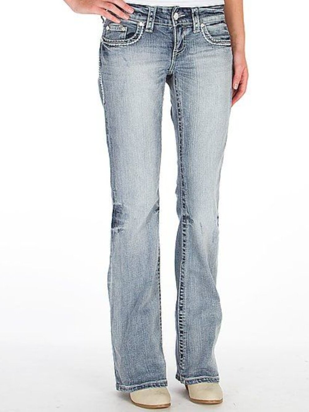 Buckle Flare Low Rise Jeans Women's 31L Blue Medium Wash Denim Y2K Western